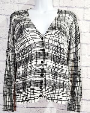 Loft White Black Plaid Button Up Cardigan Sweater MP Lightweight Soft Stretchy
